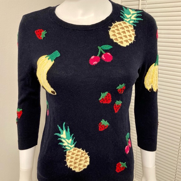 Talbots Sweater Fruit Print Embellished 3/4 Sleeves Navy Cotton Blend Size- XS - Picture 2 of 12